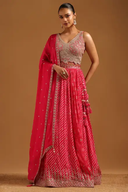Fuchsia Chinon Floral Zari Embroidered Lehenga With Stones And Sequin